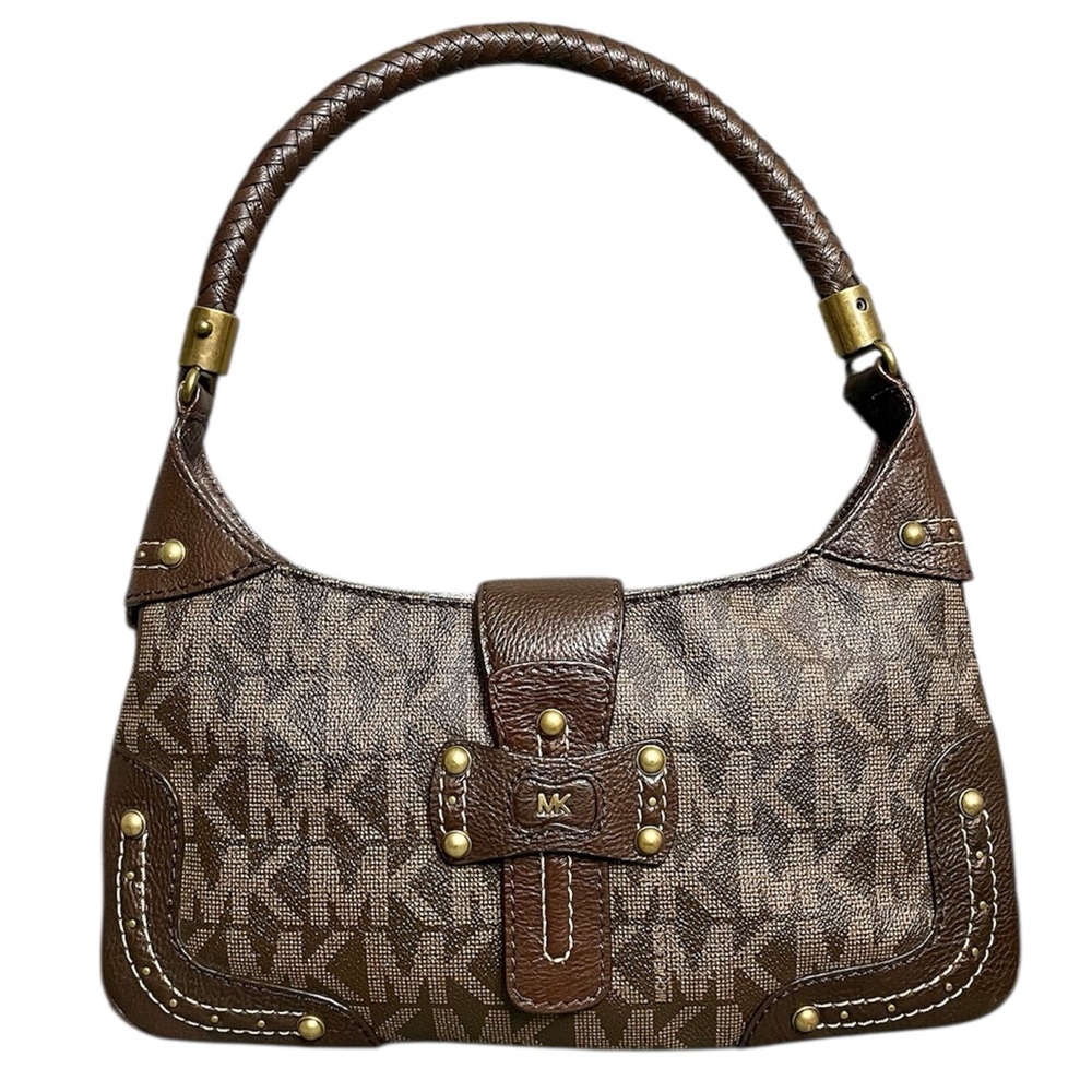 Michael Kors Studded Brown Signature Baguette Shoulder Bag with Woven Handles